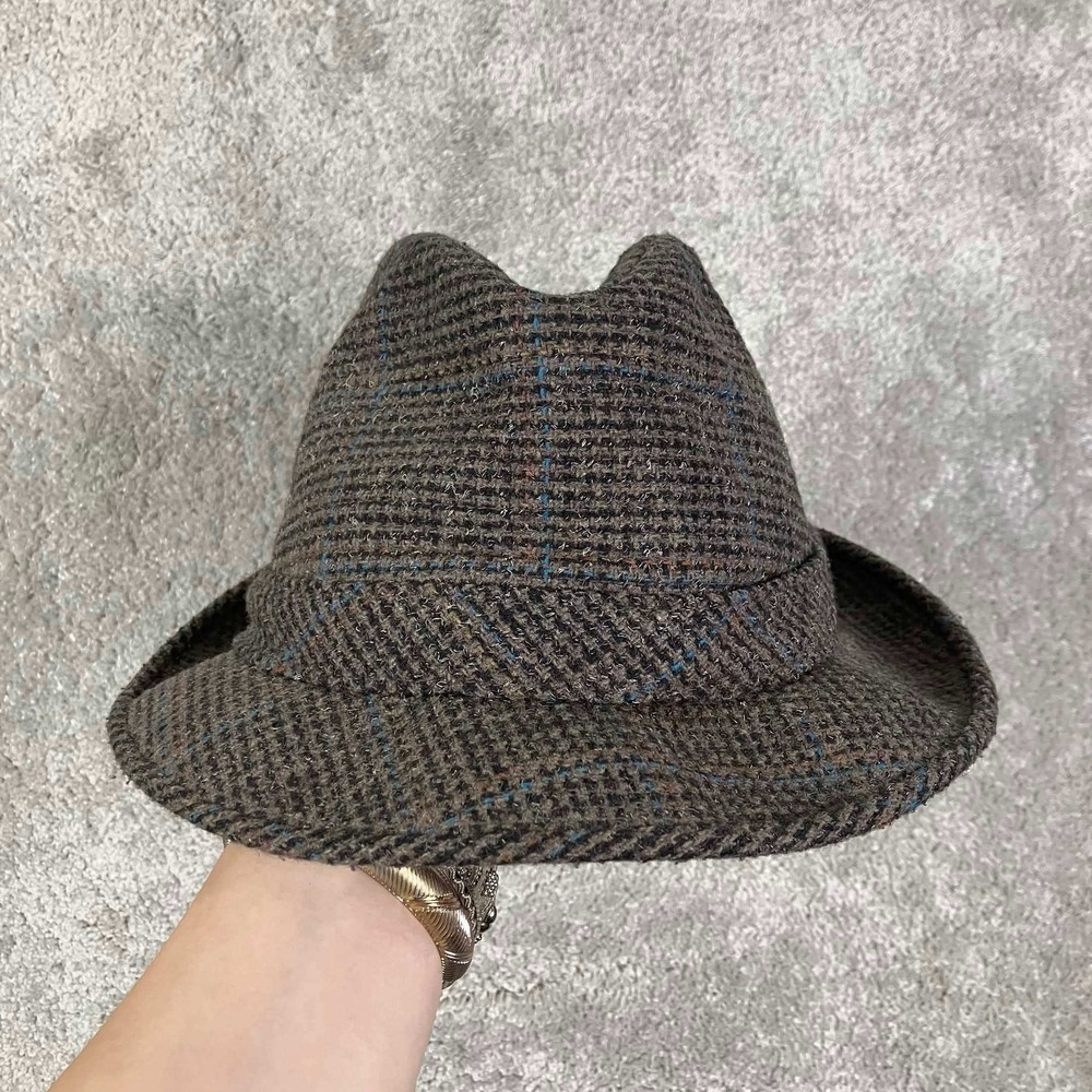 Vintage London Fog Mens Brown Plaid Tweed Fedora Hat Made in USA Size 7 1/2